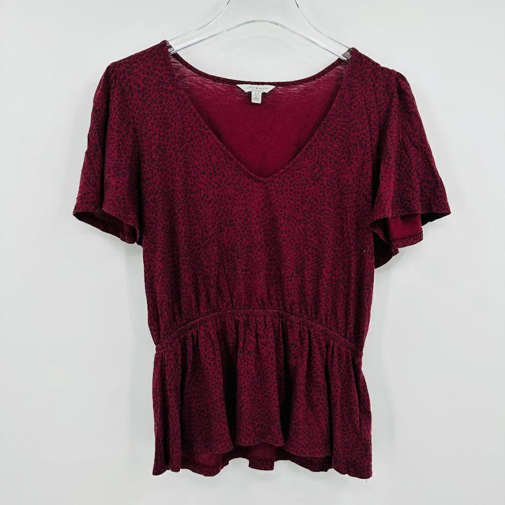 Lucky Brand Sz Small Maroon & Black Animal Print Flutter Sleeve Boho V Neck Top